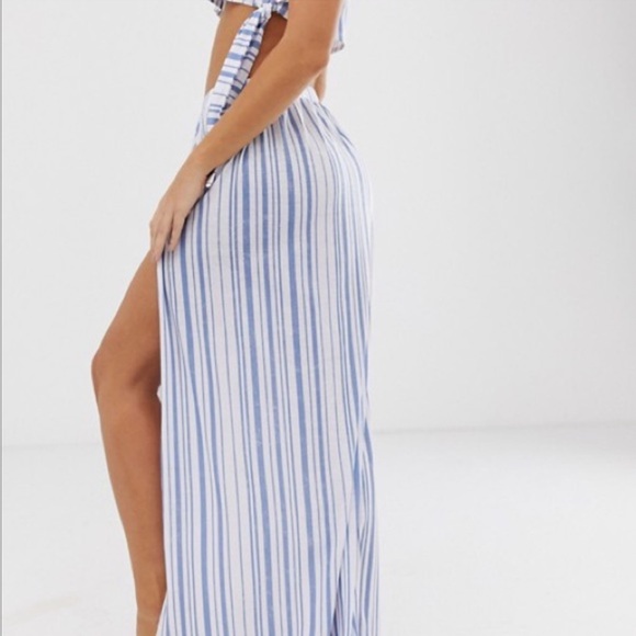 NWT ASOS Maxi Slit  Skirt with side tie crop top set blue and white stipe Small - Picture 3 of 11